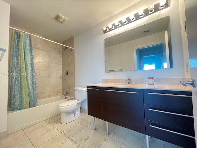 full bathroom with tile flooring, vanity, shower / bath combo, and toilet