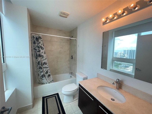 full bathroom with tile flooring, shower / bath combination with curtain, toilet, and large vanity