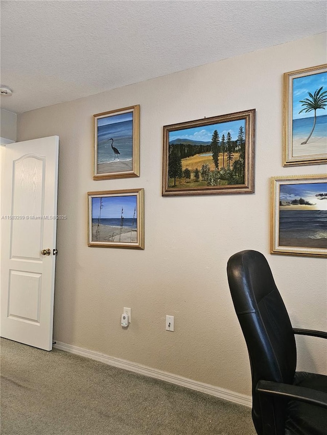 carpeted office featuring a textured ceiling