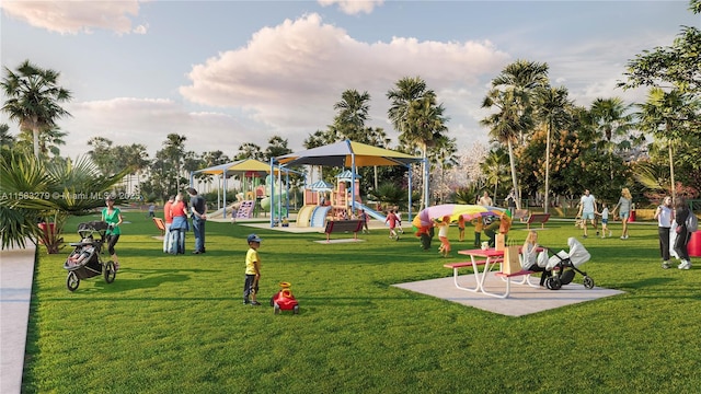 view of community with a lawn and playground community