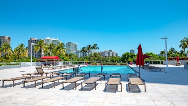 view of swimming pool featuring a patio area