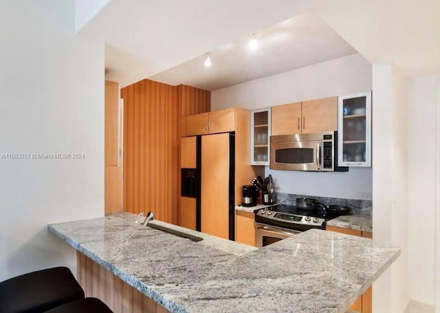 kitchen featuring light stone countertops, kitchen peninsula, appliances with stainless steel finishes, sink, and a breakfast bar