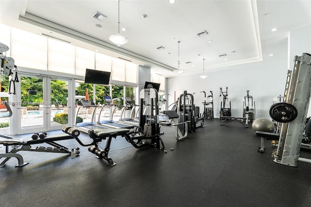 exercise room featuring floor to ceiling windows, french doors, and a tray ceiling