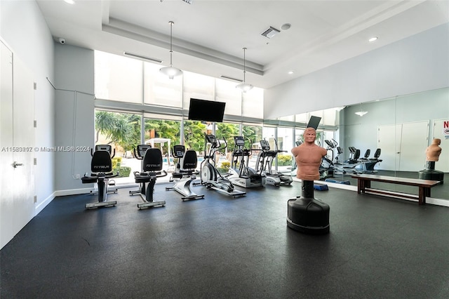 workout area featuring a towering ceiling and a tray ceiling