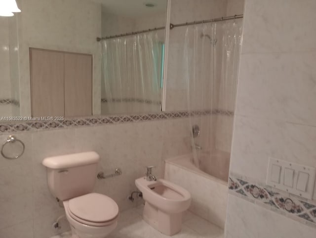 bathroom featuring tile walls, shower / tub combo, toilet, a bidet, and tile patterned floors