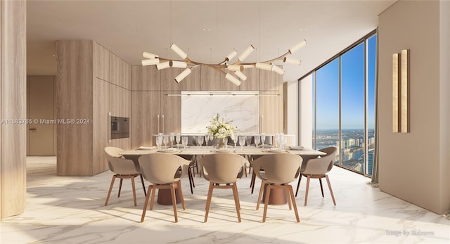 dining area with a wall of windows and ceiling fan