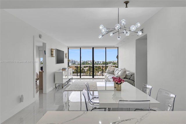 living room featuring floor to ceiling windows, a notable chandelier, and light tile floors