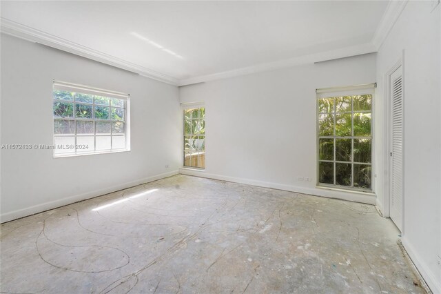 spare room with ornamental molding and plenty of natural light