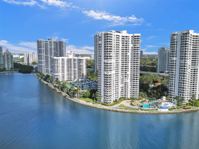 exterior space with a water view