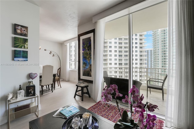 living room featuring a city view, a healthy amount of sunlight, and wood finished floors