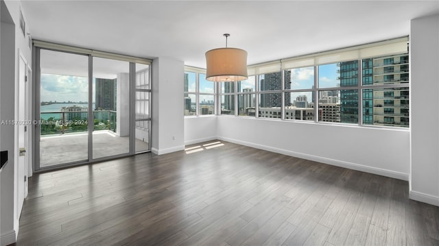 empty room featuring dark hardwood / wood-style flooring and a water view