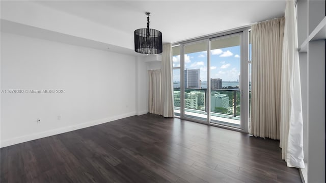 spare room with a wall of windows, a healthy amount of sunlight, and dark wood-type flooring