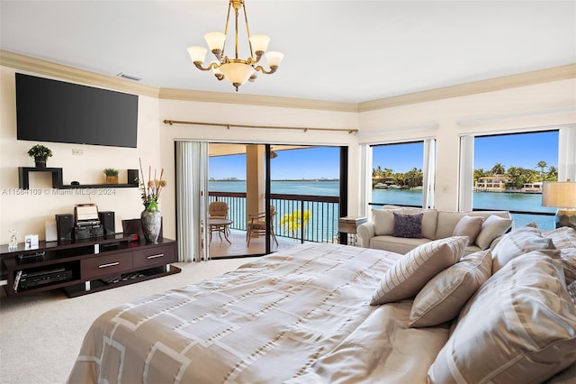 carpeted bedroom with access to exterior, a notable chandelier, a water view, and crown molding