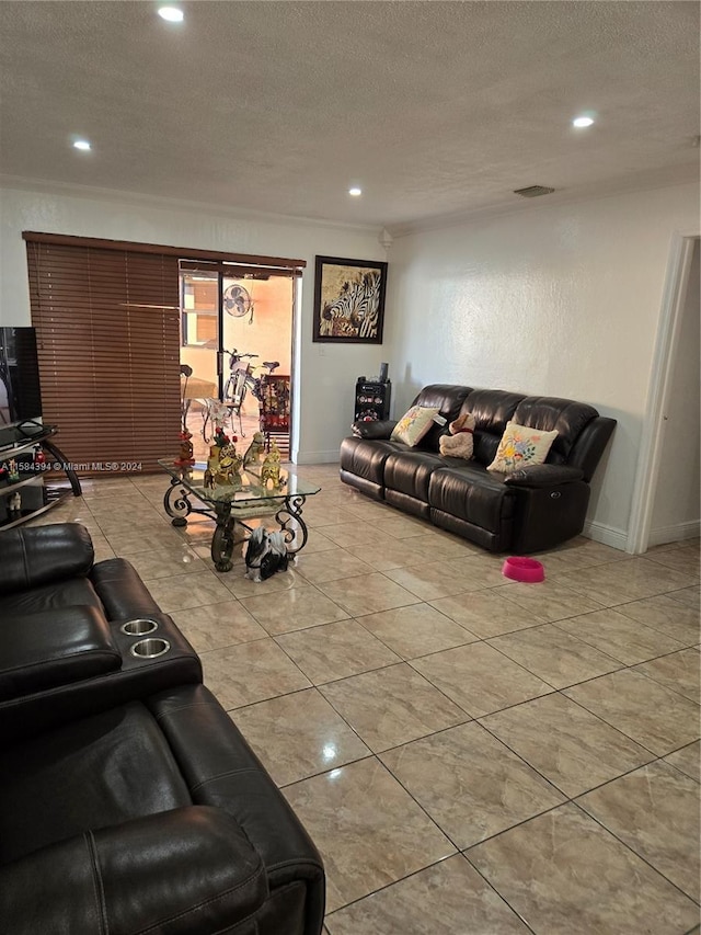 living room featuring a textured ceiling