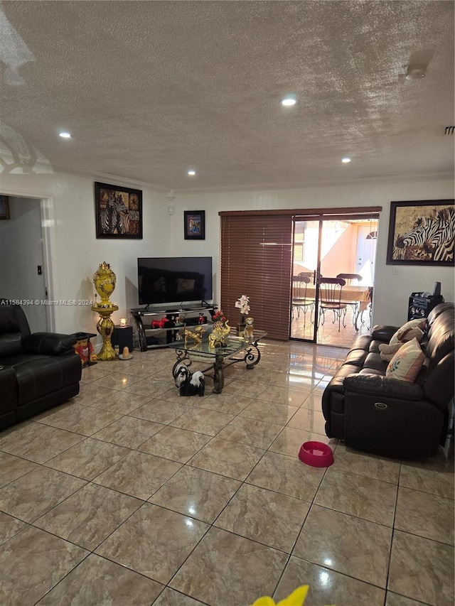 living room with a textured ceiling