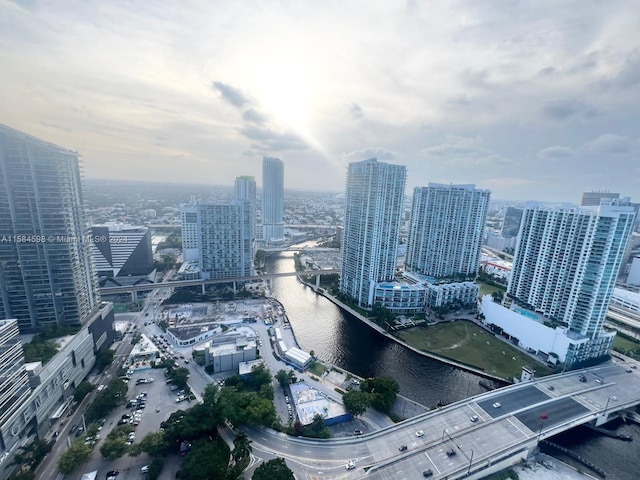 drone / aerial view with a water view