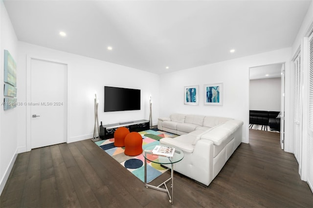 living room with dark hardwood / wood-style flooring