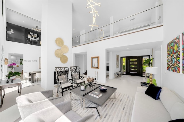 living room with a high ceiling