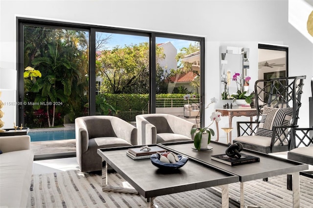 interior space featuring ceiling fan