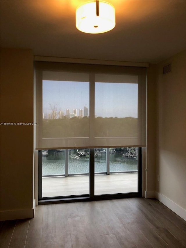 empty room featuring plenty of natural light, hardwood / wood-style floors, and a water view