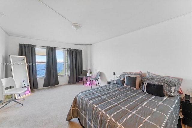 bedroom featuring a water view and dark carpet