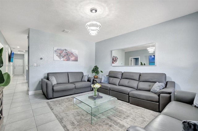 living room featuring light tile flooring