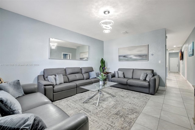 living room featuring light tile floors