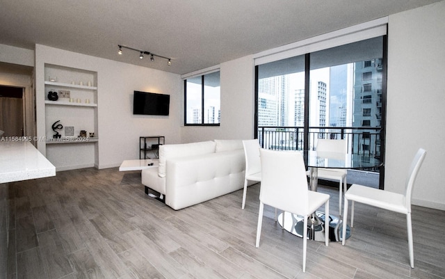 living room with hardwood / wood-style flooring, built in features, a textured ceiling, and track lighting