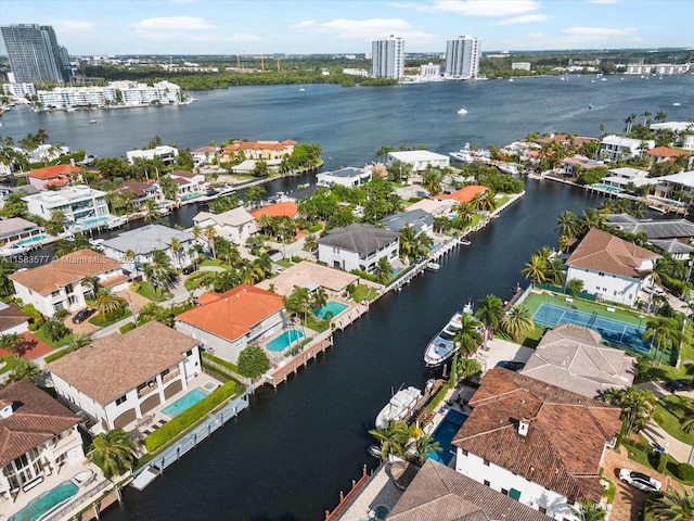 bird's eye view with a water view