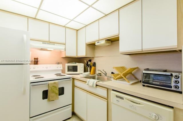 kitchen with range hood, white appliances, a drop ceiling, white cabinetry, and sink