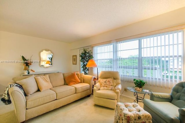 carpeted living room featuring a textured ceiling