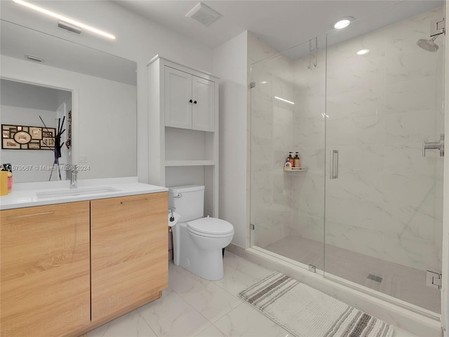 bathroom featuring walk in shower, toilet, tile floors, and vanity