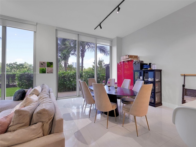 dining room featuring a wealth of natural light, floor to ceiling windows, tile floors, and track lighting