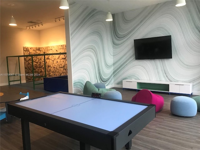 game room featuring rail lighting and hardwood / wood-style flooring