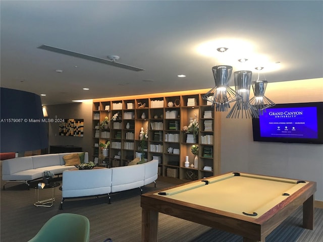 rec room featuring pool table and carpet