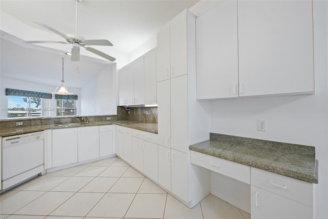 kitchen featuring white cabinetry, ceiling fan, hanging light fixtures, and white dishwasher