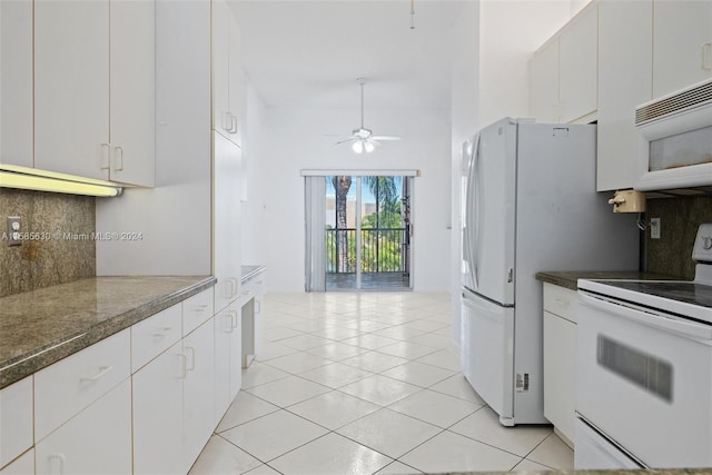 kitchen with white cabinets, white appliances, and ceiling fan