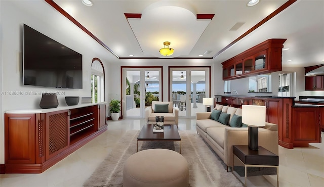 living room with french doors and light tile flooring