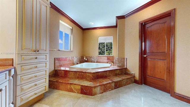 bathroom with tile flooring, tiled bath, ornamental molding, and vanity