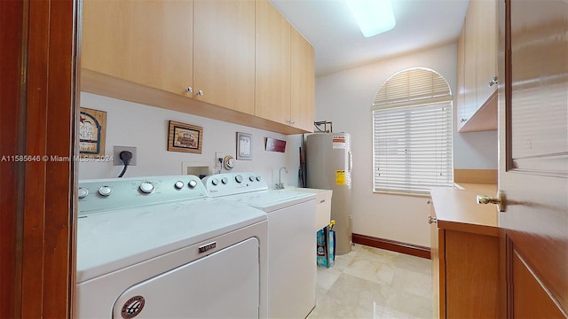 laundry area featuring cabinets, washer and clothes dryer, water heater, light tile floors, and hookup for an electric dryer