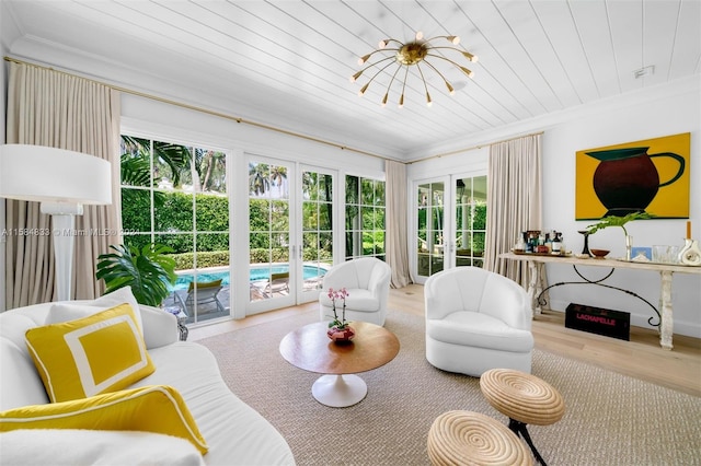 interior space with wood ceiling and french doors