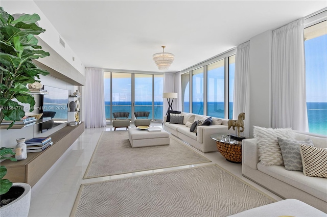 tiled living room with a wall of windows, a water view, and a wealth of natural light