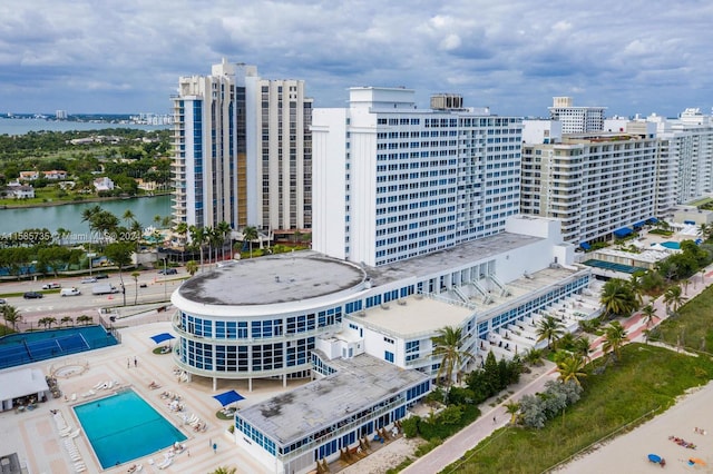 drone / aerial view featuring a water view