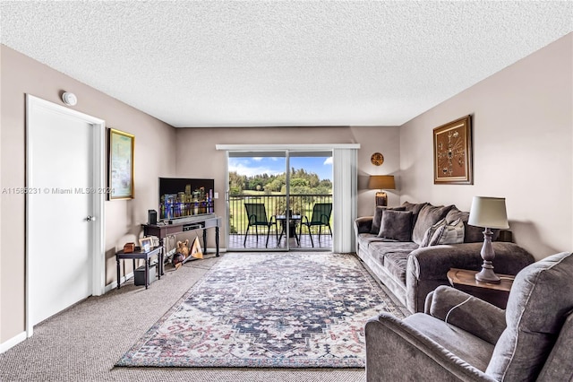 carpeted living room featuring a textured ceiling