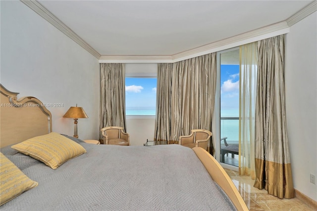 tiled bedroom featuring a water view and ornamental molding