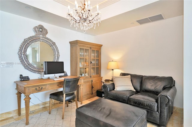 tiled office with a raised ceiling and an inviting chandelier