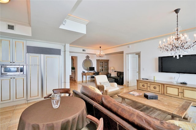 tiled living room with a chandelier