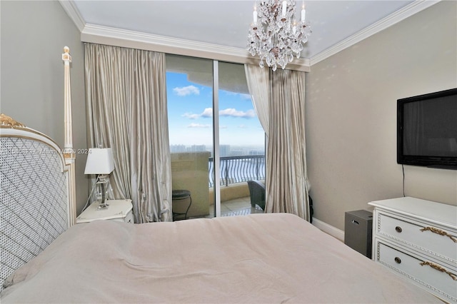 bedroom featuring ornamental molding, access to outside, and a notable chandelier