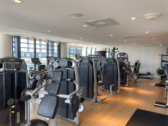 workout area with expansive windows and light hardwood / wood-style flooring