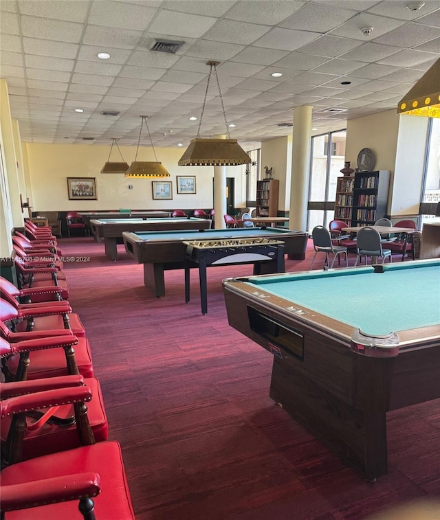 game room with carpet, a drop ceiling, billiards, and visible vents